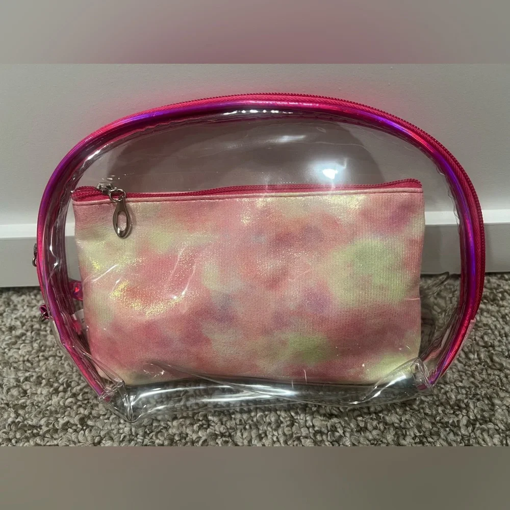 Pink Clear Makeup Bag Set Cosmetic Travel Pouch Glitter Eyes Design 2pc